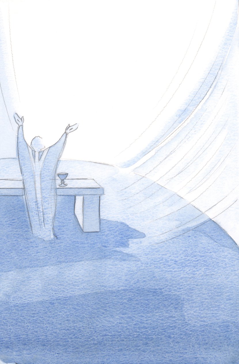 Mesih, Kutsal Kilisesini yaşamının her anında ayakta tutar, Kutsal Kurbanını sunarken kollarını uzatır., 2001 (kağıt üzerinde w/c) by Elizabeth Wang