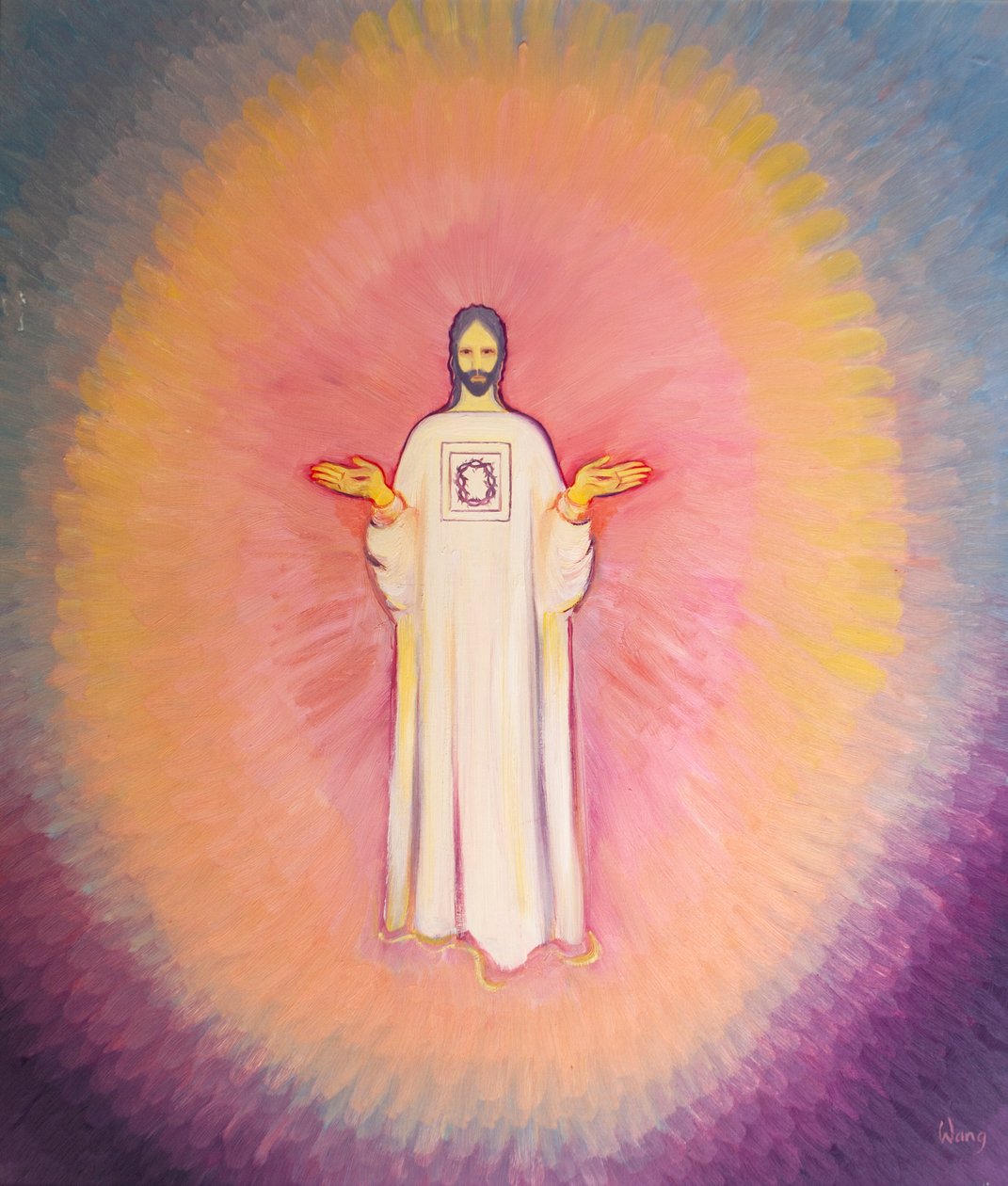Başrahip İsa, heybetiyle görünür, cübbesi Dikenli Taç imajını taşır, 2001 (gemide yağ) by Elizabeth Wang