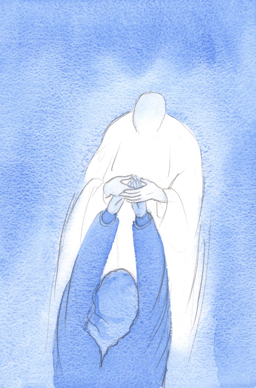 Mesih, Kutsal Komünyon sırasında ellerimi tuttu ve şöyle dedi: kendine güven, her şeyde, her sevinçte, sorunda veya soruda bana dön, 2002 (kağıt üzerinde w/c) by Elizabeth Wang