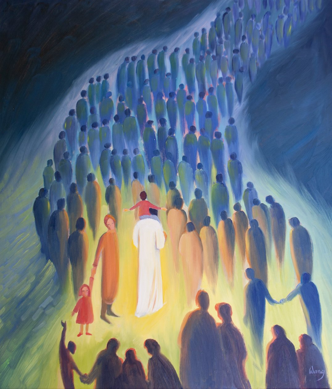 Mesih, hacılar ve hastalarla halkı arasında yürüyor, omuzlarında bir çocuk, 2001 (gemide petrol) by Elizabeth Wang