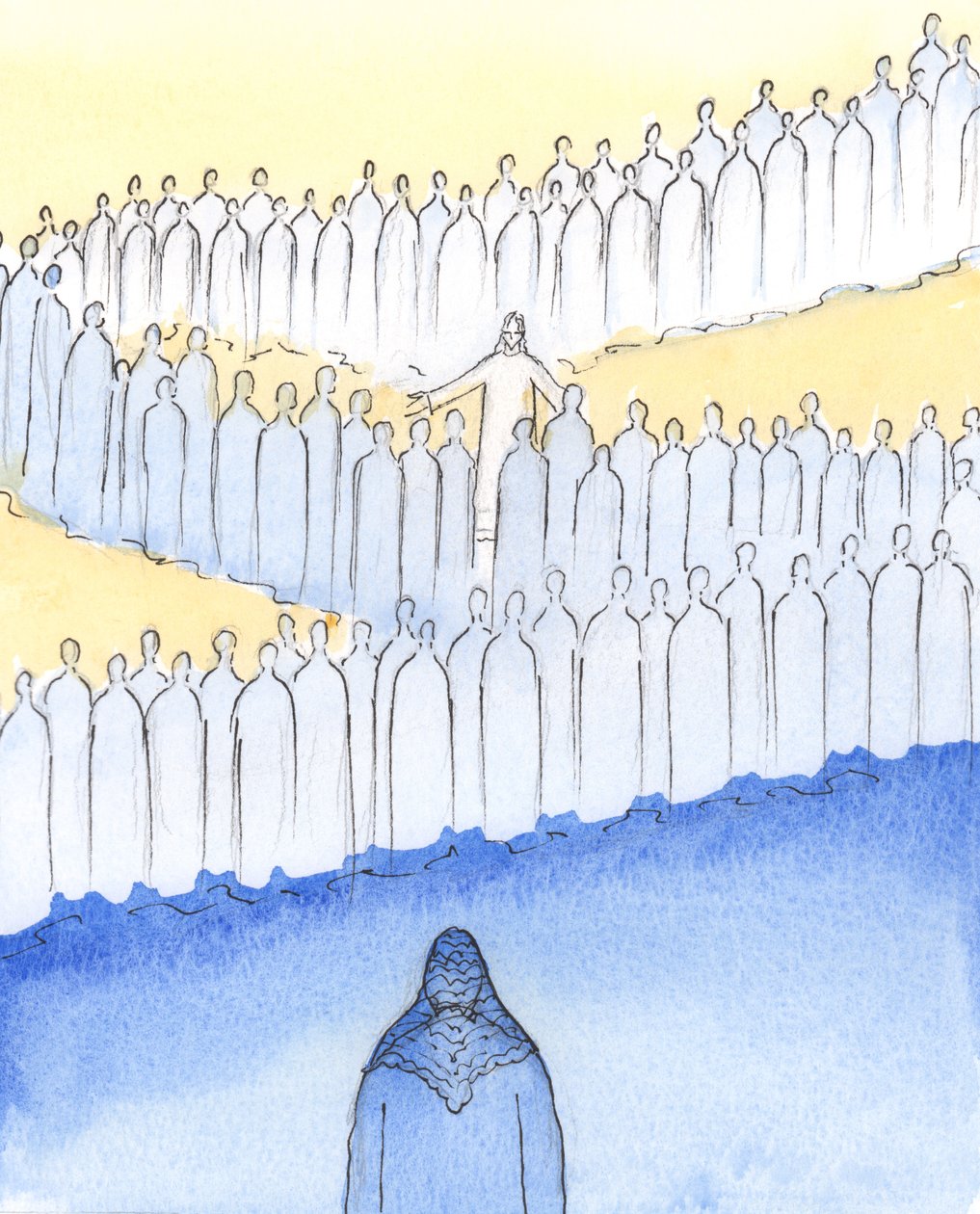 Mesih, Cennetteki Azizleri arasında geziniyordu, her birine sevgi dolu bakışlar ve jestlerle kişisel ilgi gösteriyordu, 2003 (kağıt üzerinde w/c) by Elizabeth Wang