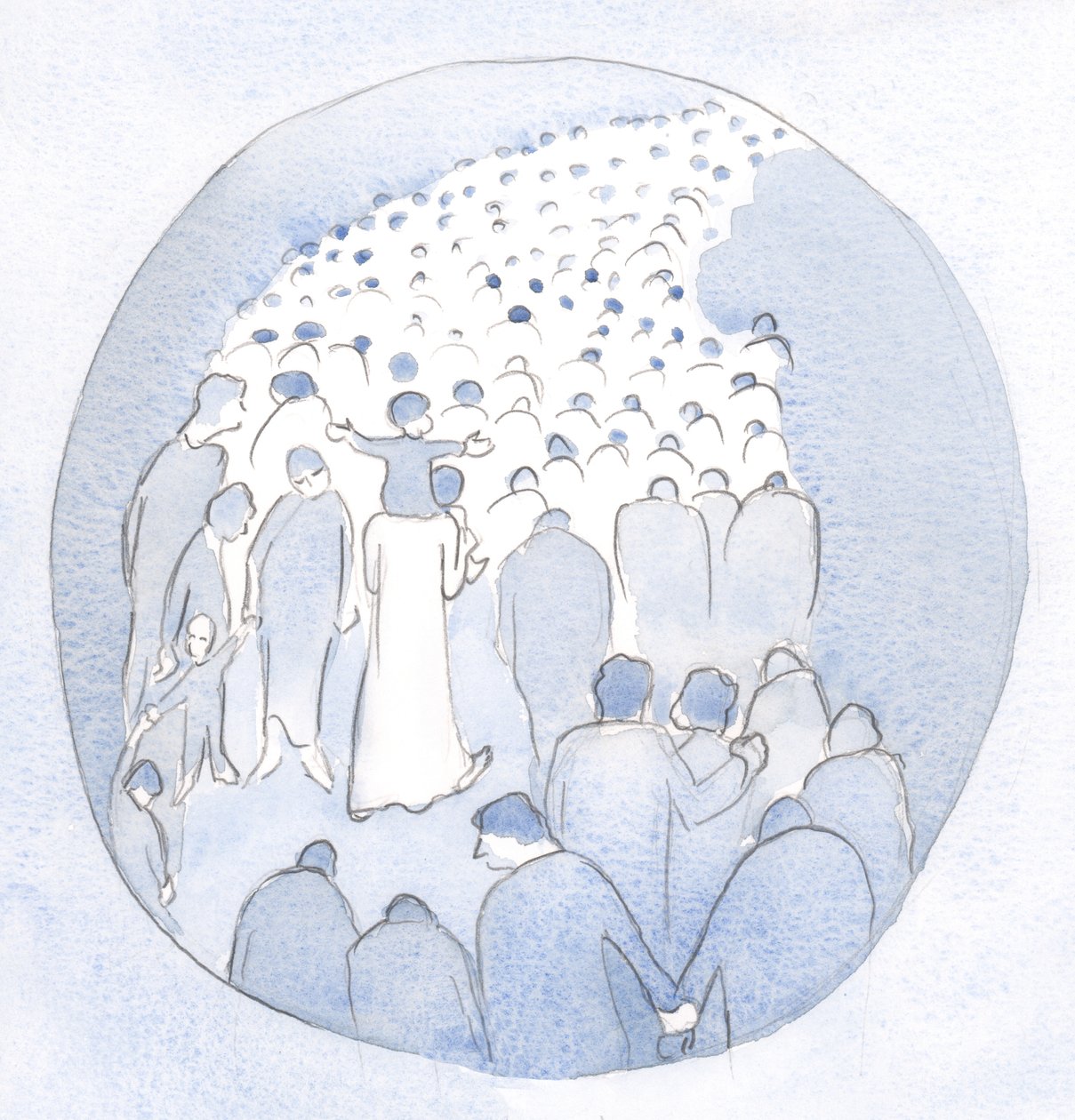 Mesih, hacılar ve hastalarla omuzlarında bir çocuk, halkının ortasında yürüyordu., 2001 (kağıt üzerinde w/c) by Elizabeth Wang
