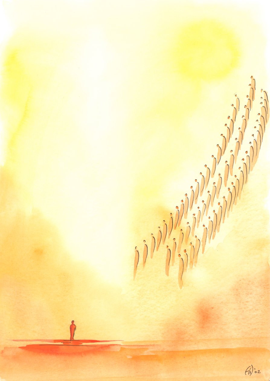 "Kutsal, Kutsal, Kutsal Rab" için her dua ettiğimizde, Cennette aynı övgüyü sunan azizler ve Melekler ile seslerimizi birleştiririz, 2003 (kağıt üzerinde w/c) by Elizabeth Wang