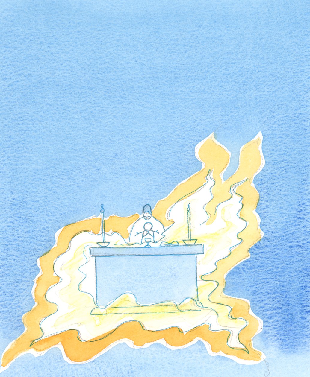 Sunağın önünden alevler yükseliyor, 2003 (kağıt üzerinde w/c) by Elizabeth Wang