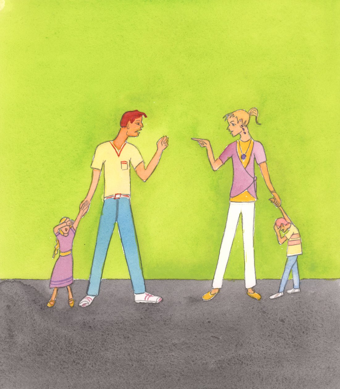 Babamız Tanrı ailelerin yıkıldığını görmek istemez. O, eşler arasında şiddet ya da terk edilme görmek istemez. 2005 (kağıt üzerine suluboya) by Elizabeth Wang
