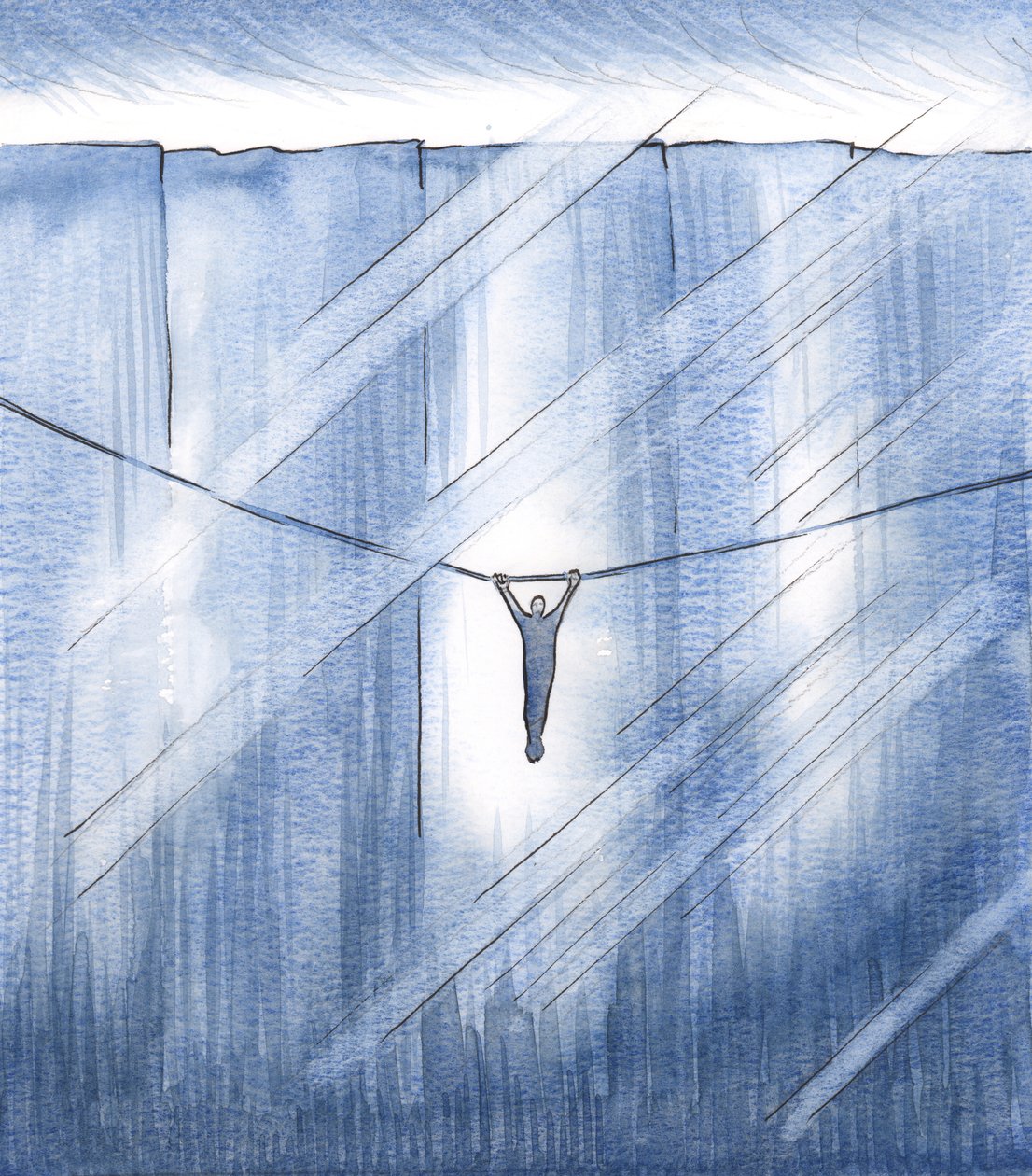 Sadece inançla tutunuyordum, ince bir umut ipliğine tutunuyordum, uçsuz bucaksız bir uçurumun üzerinde asılıydım, 2000 (kağıt üzerinde w/c) by Elizabeth Wang