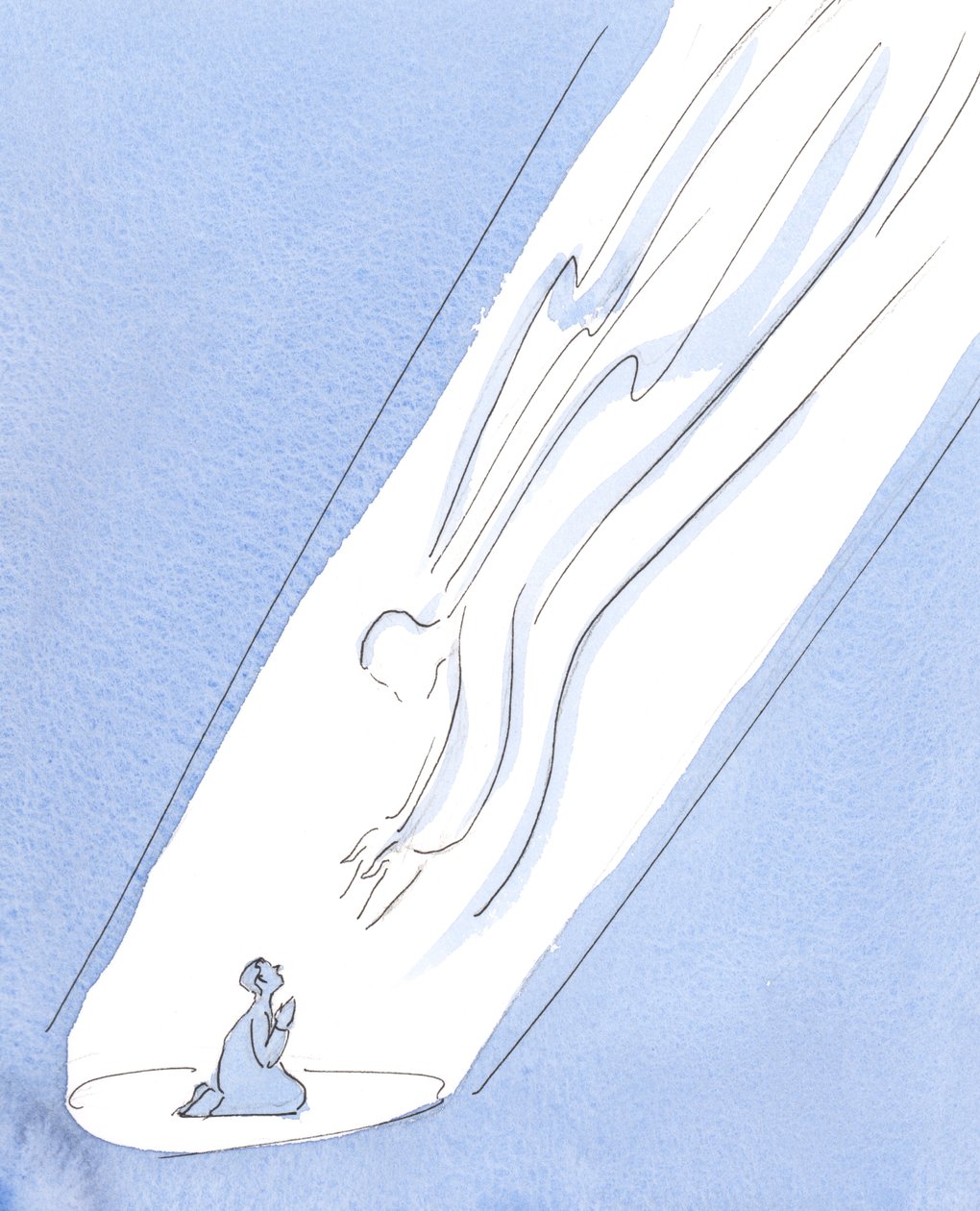 İnançla, bir çocuğun dürüstlüğü ve güveniyle dua edersek, Tanrı varlığını hissetmesek bile her zaman bize ulaşır. , 2004 (kağıt üzerinde w/c) by Elizabeth Wang