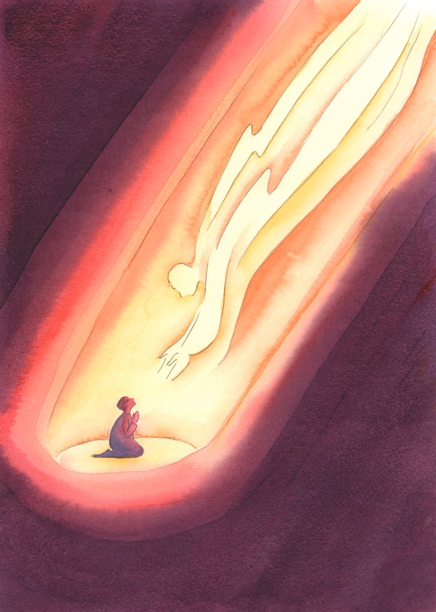İnançla, bir çocuğun dürüstlüğü ve güveniyle dua edersek, Tanrı varlığını hissetmesek bile her zaman bize ulaşır. , 2004 (kağıt üzerinde w/c) by Elizabeth Wang