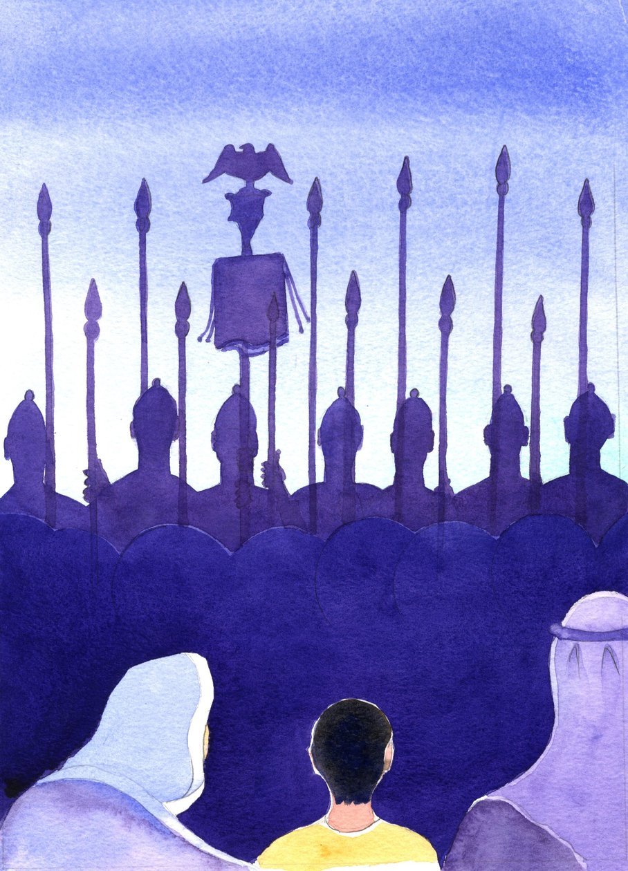 İsa, çocukluğunda Romalı askerleri ve çarmıha gerilmeyi görmeye alışıktı, 2001 (kağıt üzerinde w/c) by Elizabeth Wang