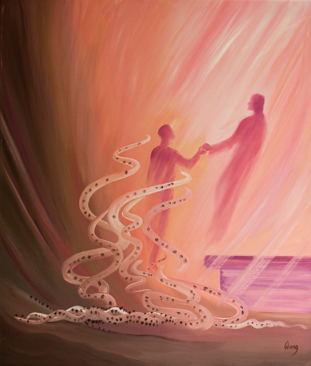 Kutsal Komünyonda, Mesih sevincini paylaşmak için bizi yukarı kaldırırken, küçük günahlarımız kül gibi düşer, 2000 (gemide petrol) by Elizabeth Wang