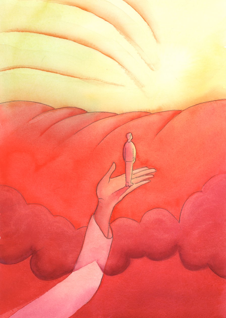 Tefekkürde Mesih bizi dünyevi düşüncelerin üzerine, Cennetin kenarına kaldırır, 2002 (kağıt üzerinde w/c) by Elizabeth Wang