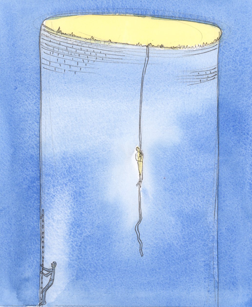 Şefaatte, sanki Allah bir insanın yeraltında derin bir kuyuda mahsur kalan bir başkasını kurtarmak için bir ipe inmesine izin veriyor, 2004 (kağıt üzerinde w/c) by Elizabeth Wang