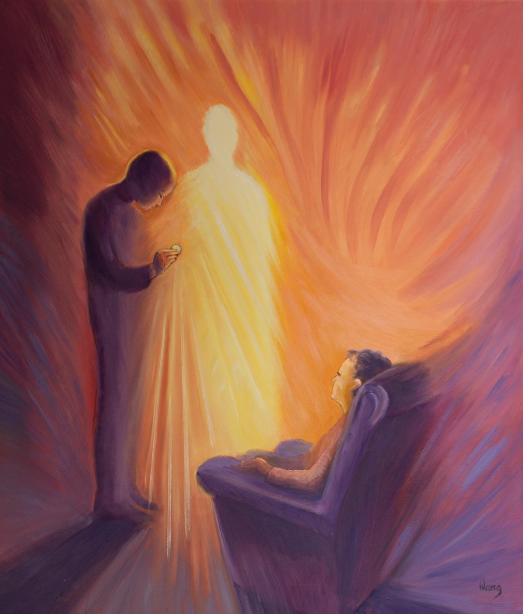İsa Mesih, hasta olduğumuzda veya eve mahkum olduğumuzda Kutsal Komünyonda bize gelir, 2001 (gemide petrol) by Elizabeth Wang