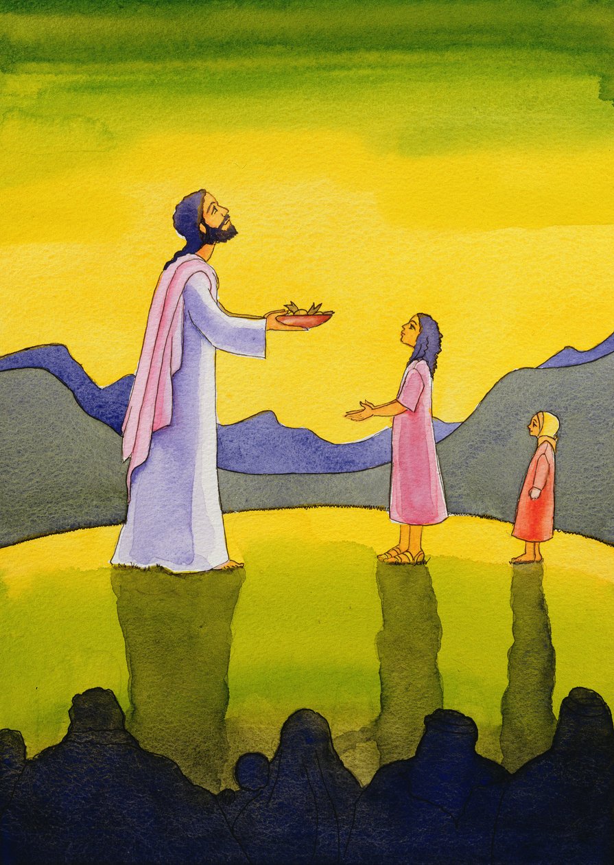 İsa Mesih ekmek ve balık mucizesini gerçekleştiriyor, 2004 (kağıt üzerinde w/c) by Elizabeth Wang