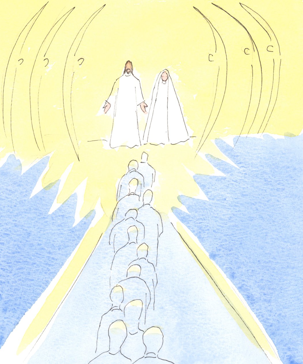 İsa, annesi Meryem ve kutsal meleklerle birlikte Cennetin kapısında çarmıha gerilmiş bekler, 2000 (kağıt üzerinde w/c) by Elizabeth Wang