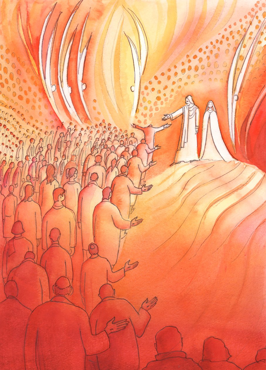İsa, annesi Meryem ve kutsal meleklerle birlikte Cennetin kapısında çarmıha gerilmiş bekler, 2000 (kağıt üzerinde w/c) by Elizabeth Wang