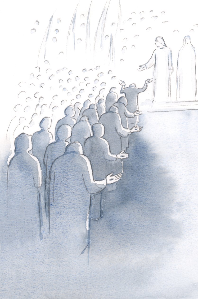 İsa, annesi Meryem ve kutsal meleklerle birlikte Cennetin kapısında çarmıha gerilmiş bekler, 2000 (kağıt üzerinde w/c) by Elizabeth Wang