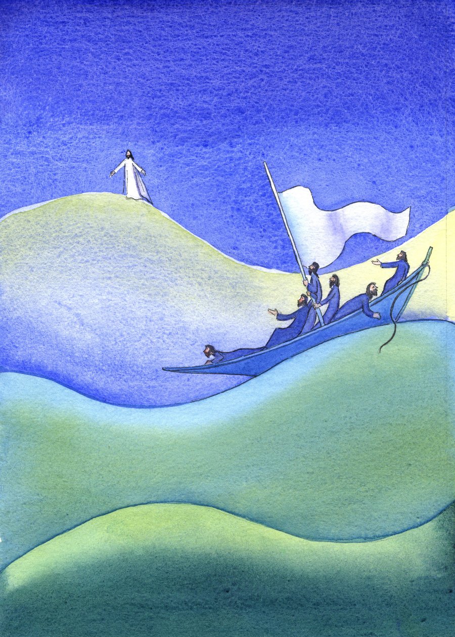 İsa su üzerinde yürüyor, 2001 (kağıt üzerinde w/c) by Elizabeth Wang