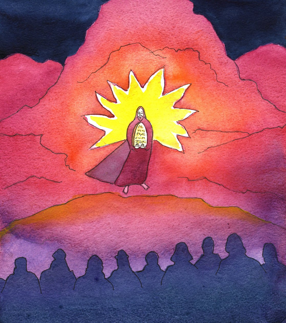 Musa On Emir Tabletlerini indiriyor, 2001 (kağıt üzerinde w/c) by Elizabeth Wang
