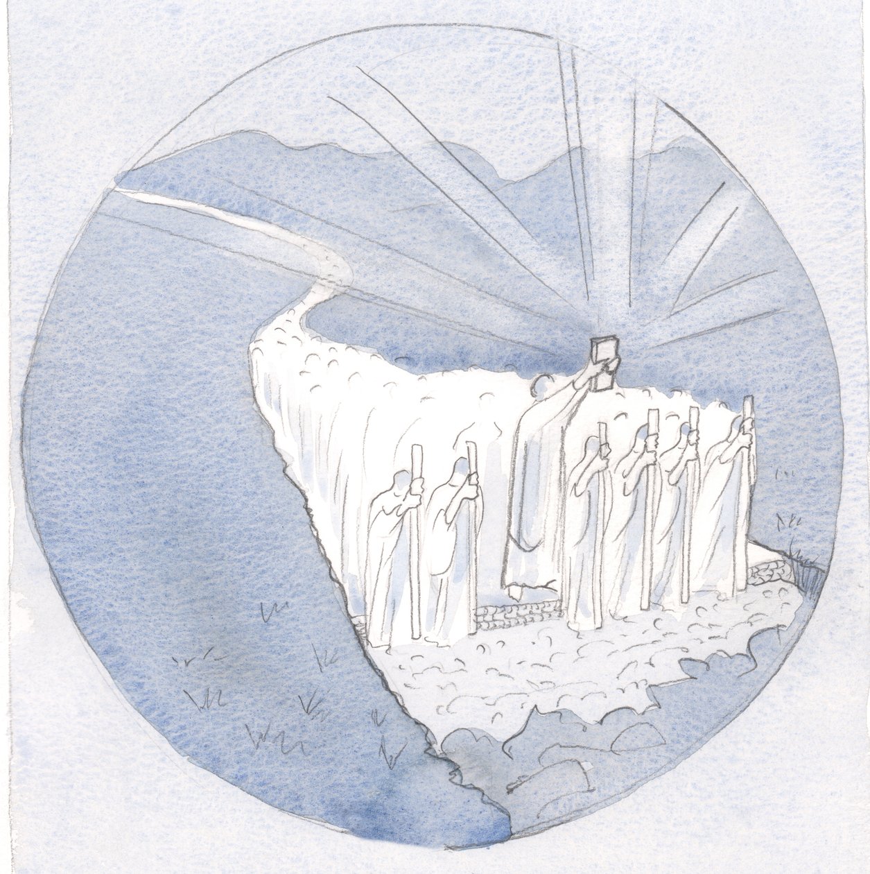 Kutsal Gelenek yolunda, Kutsal Yazıları havaya kaldırarak, öğretmenler birlikte yürürler: piskoposlar ve rahipler tüm insanlarla birlikte., 2001 (kağıt üzerinde w/c) by Elizabeth Wang