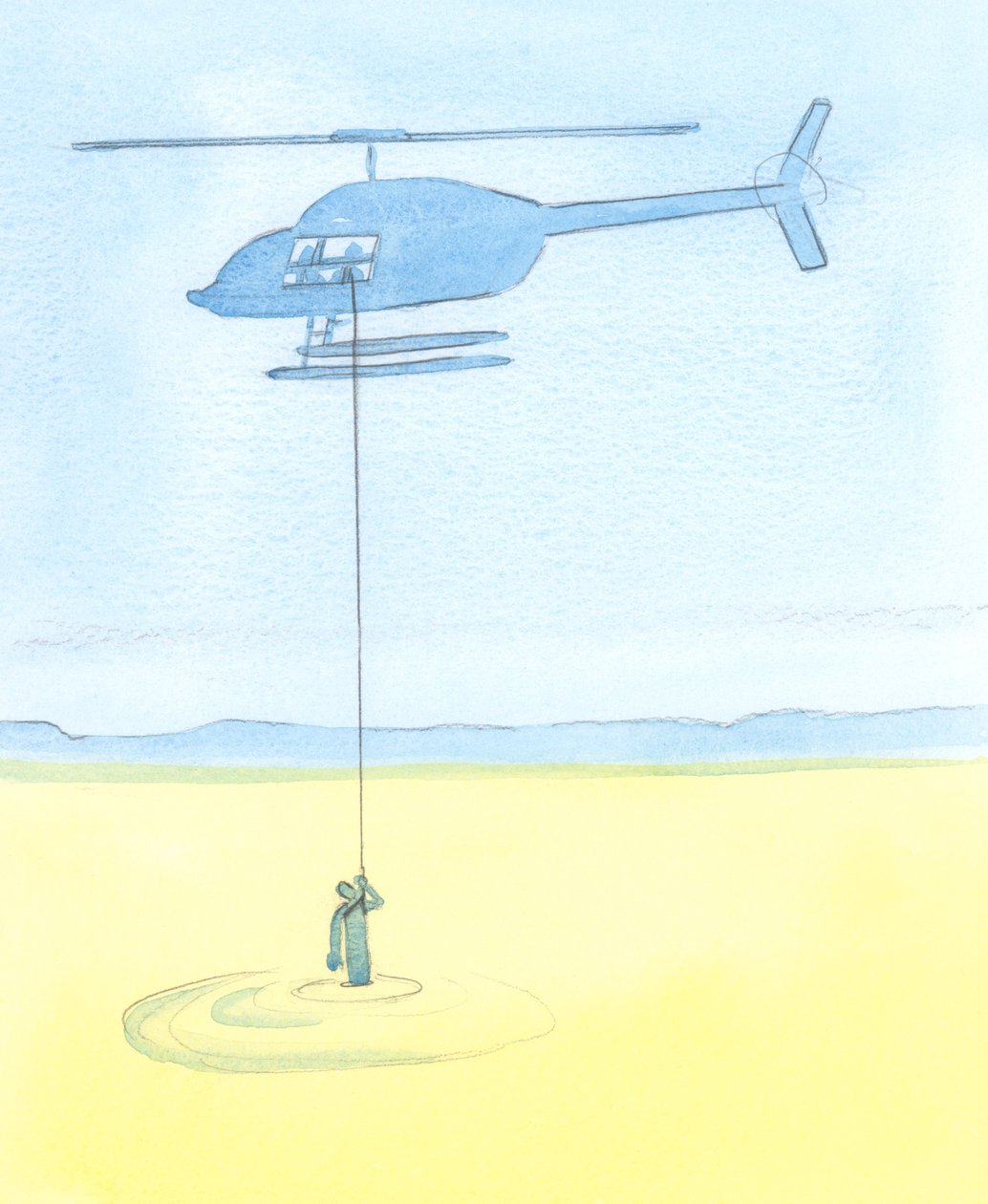 Tıpkı bir bataklığa yakalanmış çaresiz bir kişiye, kendisini helikopterden güvenli bir yere taşıyan arkadaşlarının yardım etmesi gibi, insanlara dua ederken bizim şefaatlerimiz yardım ediyor, 2003 (kağıt üzerinde w/c) by Elizabeth Wang