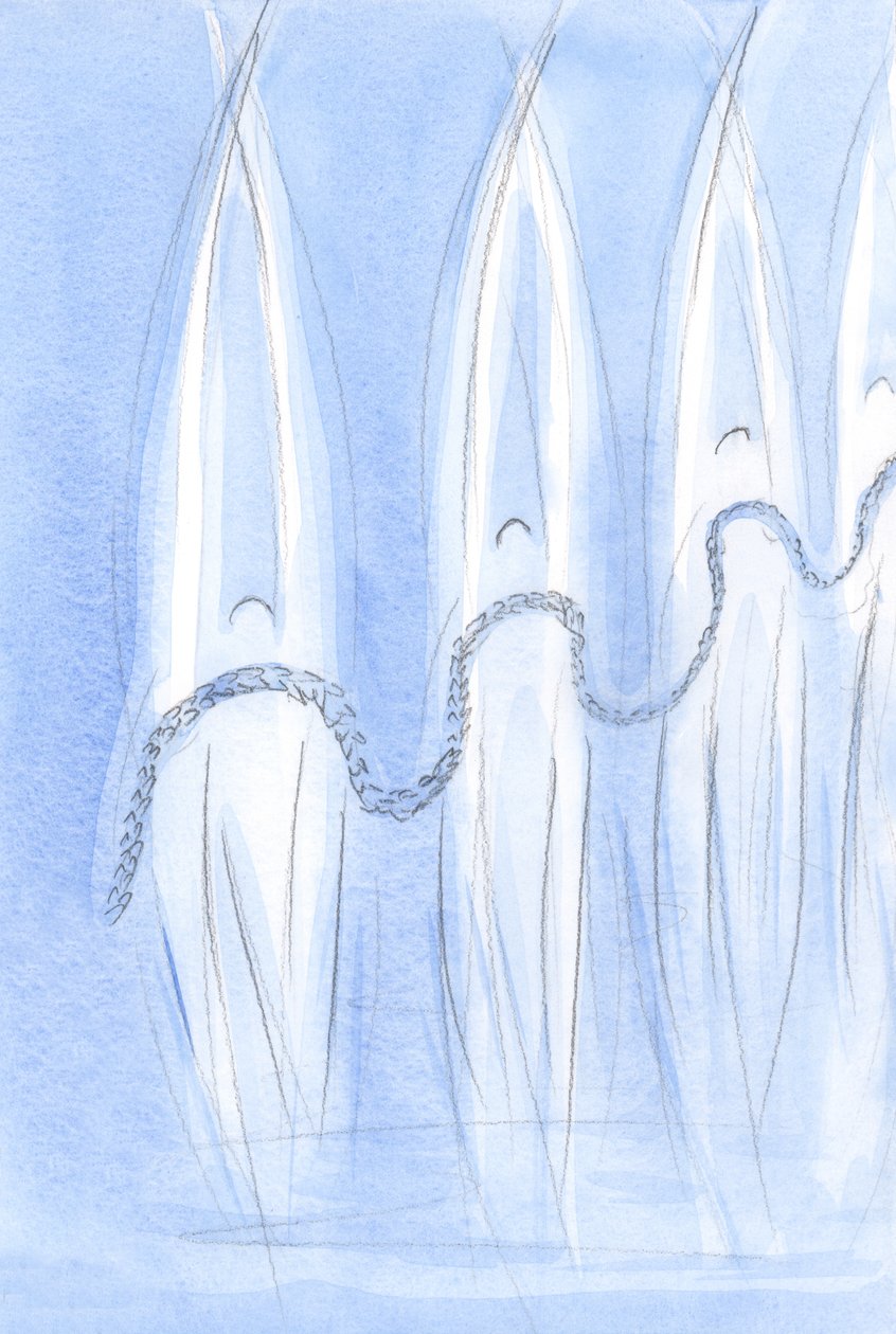 Kutsal alanımızda, şenlikte, Kutsanmış Leydimizin bayramı için çelenklerle hazırlayan pek çok Melek var., 2001 (kağıt üzerinde w/c) by Elizabeth Wang