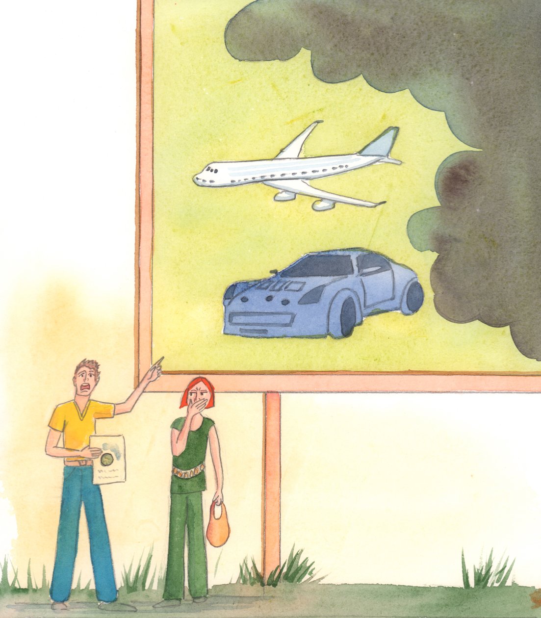 Rab bana karbon ayak izleri hakkında endişe ve alarm içinde bağıran ve dünyevi yaşamları için endişelenen insanları gösterdi, 2004 (kağıt üzerinde w/c) by Elizabeth Wang
