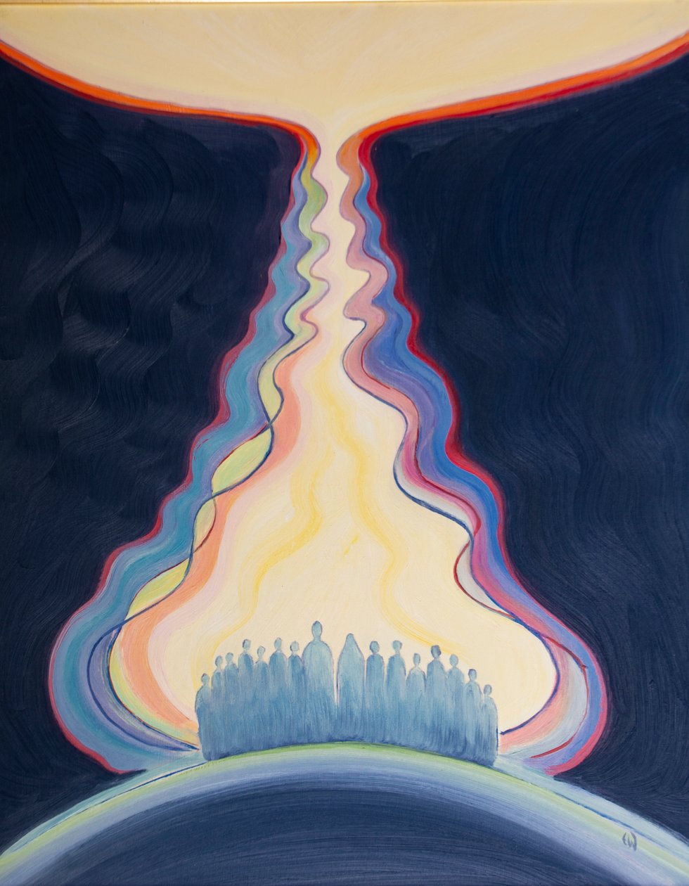 İsa aracılığıyla ve Meryem ile sunulan Kilise duası, bizi cennete bağlayan göbek bağı gibidir, 2001 (gemide yağ) by Elizabeth Wang