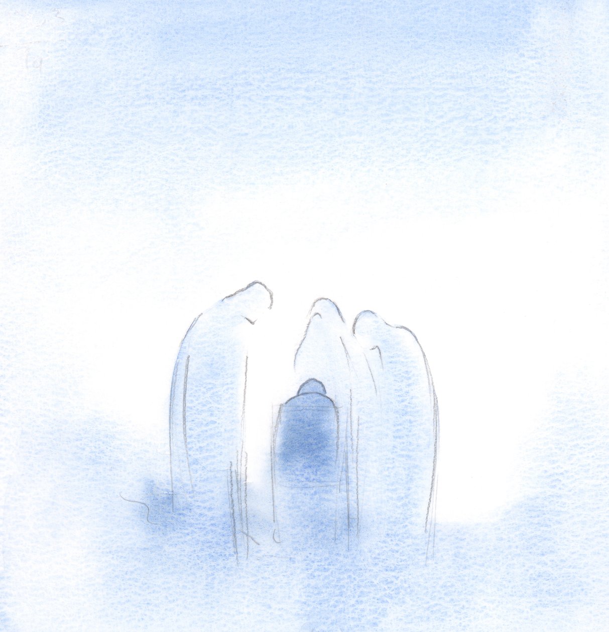 Azizler, kötü bir rüyadan korkan bir çocuğu teselli eden ebeveynler gibi, büyük bir endişeyle öne eğildi., 2001 (kağıt üzerinde w/c) by Elizabeth Wang