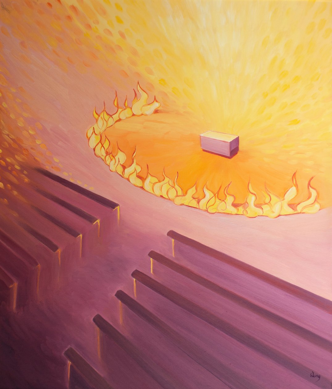 Bir Katolik kilisesindeki kutsal alan, sanki ateşle çevrili gibi kutsal bir yerdir ve sunağa yaklaşırken kendimizi daha değerli olmaya hazırlamalıyız, 2001 (gemide petrol) by Elizabeth Wang
