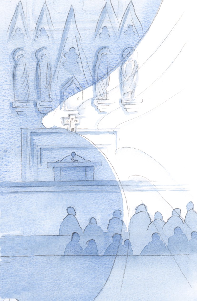 Bütün kilise binası Meleklerle dolu; her an fırçalıyoruz., 2001 (kağıt üzerinde w/c) by Elizabeth Wang