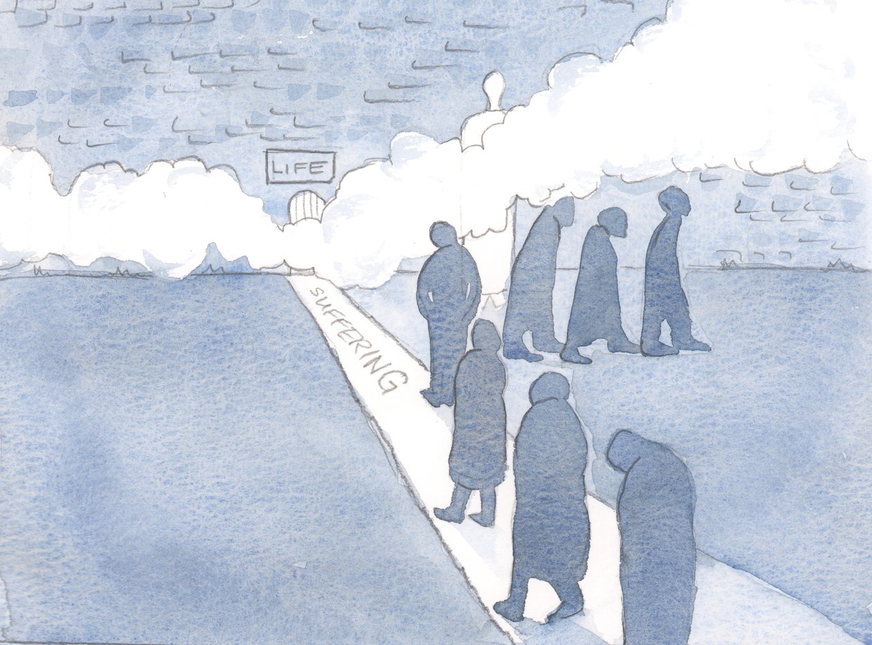 Hayatın küçük kapısını ancak acı çekmenin yolunu izlediğimizde buluruz., 2000 (kağıt üzerinde w/c) by Elizabeth Wang
