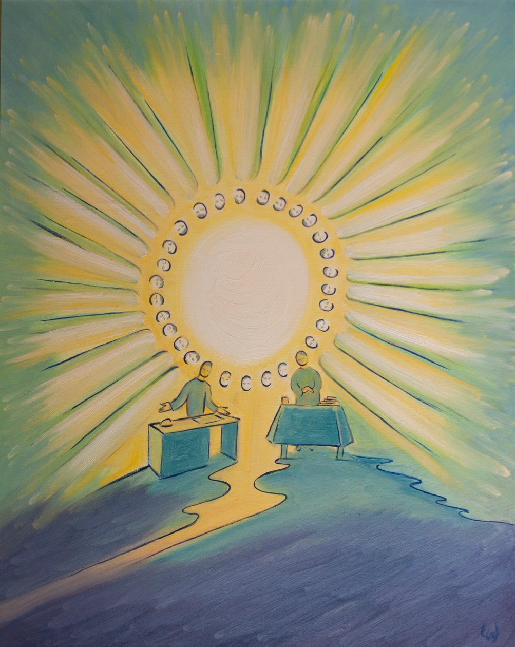 İki kişi Mesih adına dua ettiğinde, aralarında mesafeler olsa bile, azizler birliğinde birleşirler, 2003 (gemide yağ) by Elizabeth Wang
