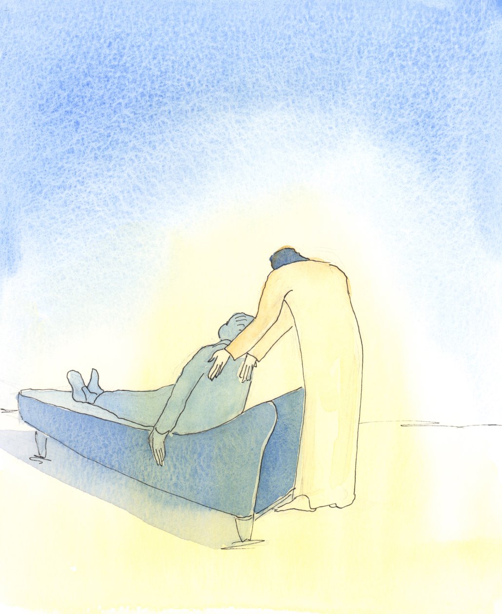 Hasta olduğumuzda ve Mesih Komünyonda bize geldiğinde, sanki bir kanepeye uzanmamıza yardım etmekte ısrar ediyormuş gibi, 2003 (kağıt üzerinde w/c) by Elizabeth Wang