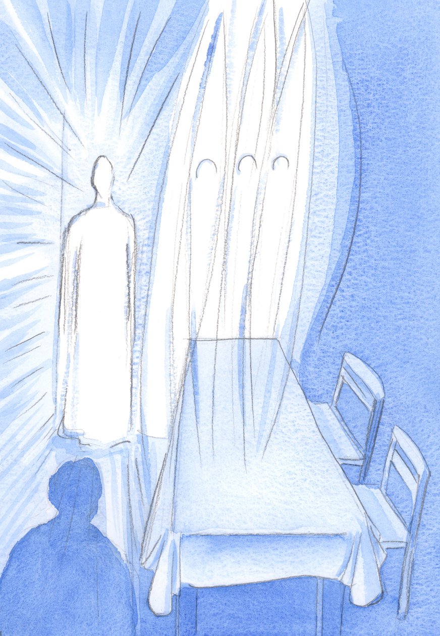 Mesih, Kutsal Melekleri ile biz dua ederken hayranlıkla izliyor; İnanç içinde büyümemize yardım ederken sevgisini saklıyor, 2002 (kağıt üzerinde w/c) by Elizabeth Wang