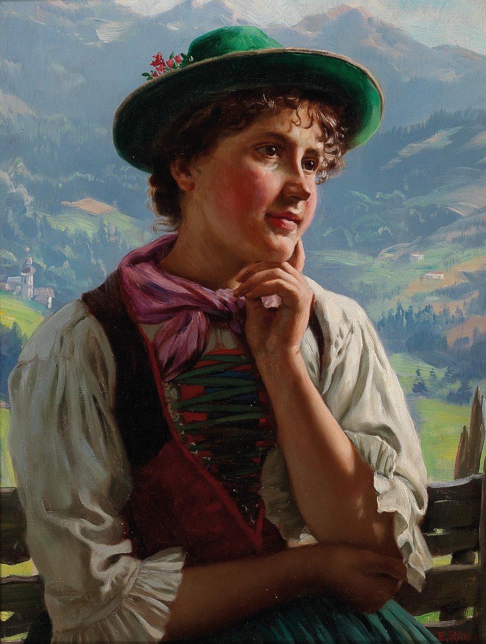 Alp Manzaralı Geleneksel Kostümlü Kız by Emil Rau