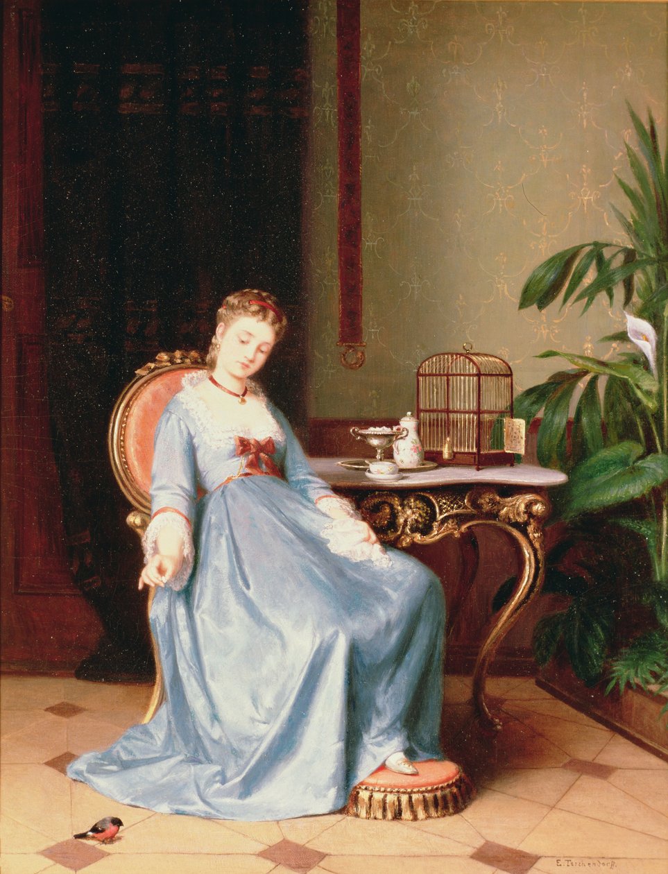 Evcil şakrak kuşu beslemek by Emil Teschendorff