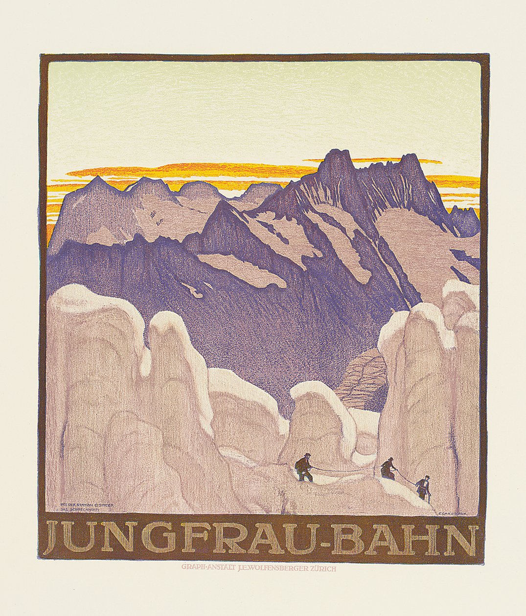 Jungfrau-Bahn, Jungfrau dağ demiryolunun reklamını yapan afiş (renkli lito) by Emil Cardinaux