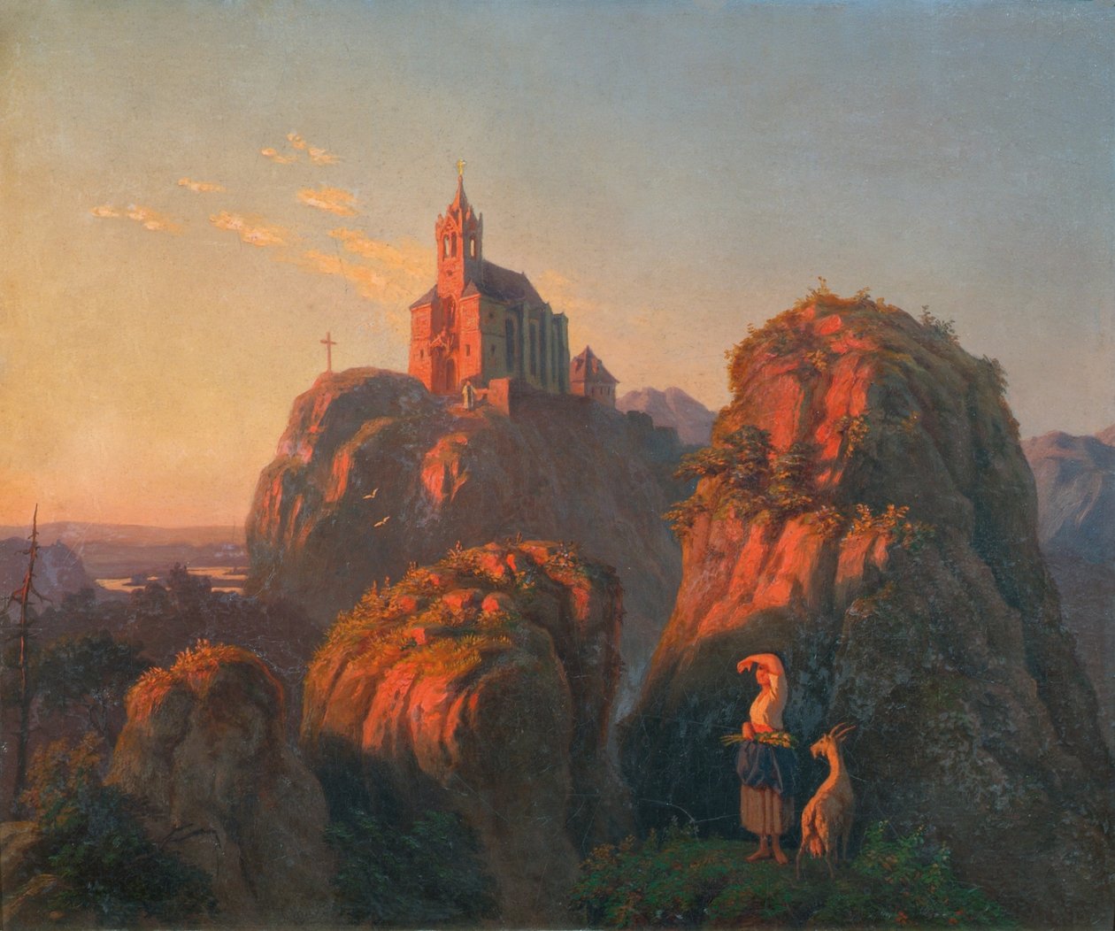 Akşam bir kilise ile manzara by Emil Ludwig Löhr