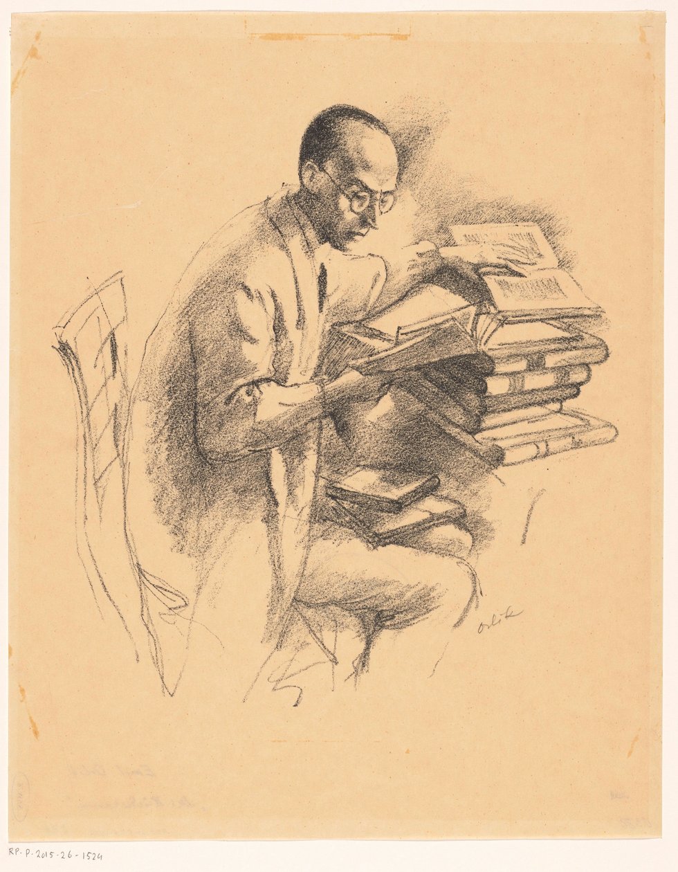 Kitaplarla dolu bir masanın arkasındaki adam by Emil Orlik (signed by artist)