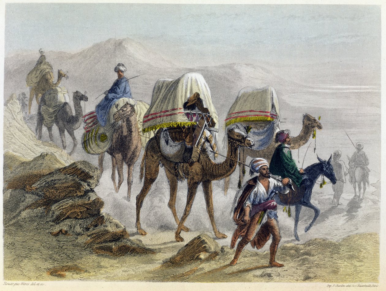Rouergue kardeşler tarafından kazınmış 'Konstantinopolis ve Karadeniz'den Deve Treni, 1855 by Emile and Rouergue Rouergue