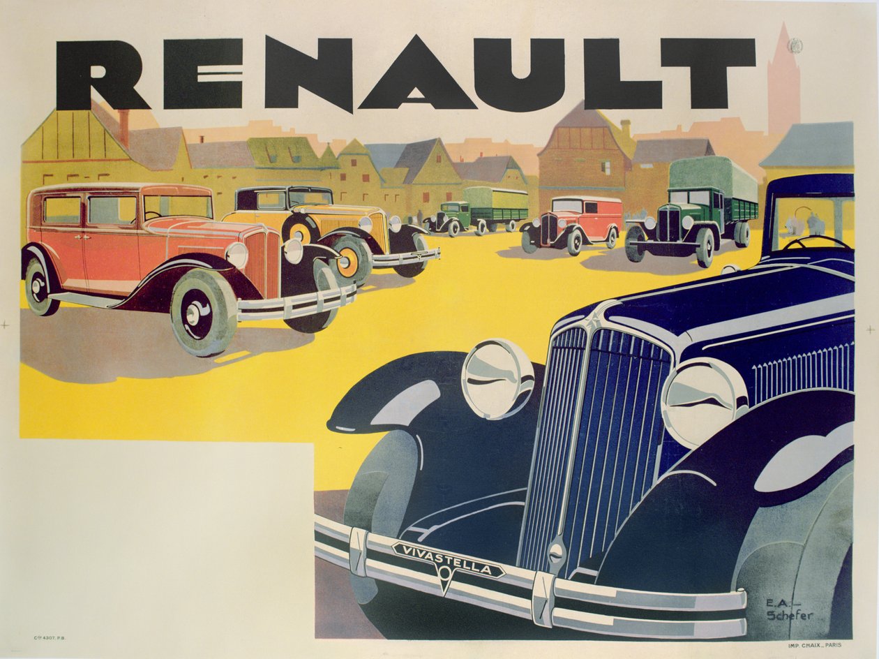 Renault motorlu arabalar için reklam, c.1920 by Emile Andre Schefer