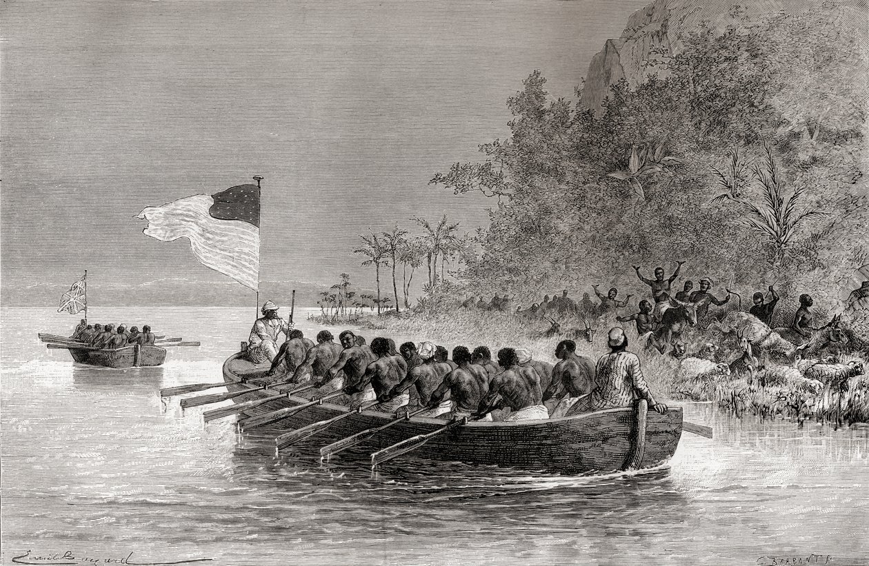 David Livingstone, İngiliz bayrağını taşıyan ilk teknede ve ikinci teknede, Amerikan bayrağını taşıyan Henry Morton Stanley, 1872