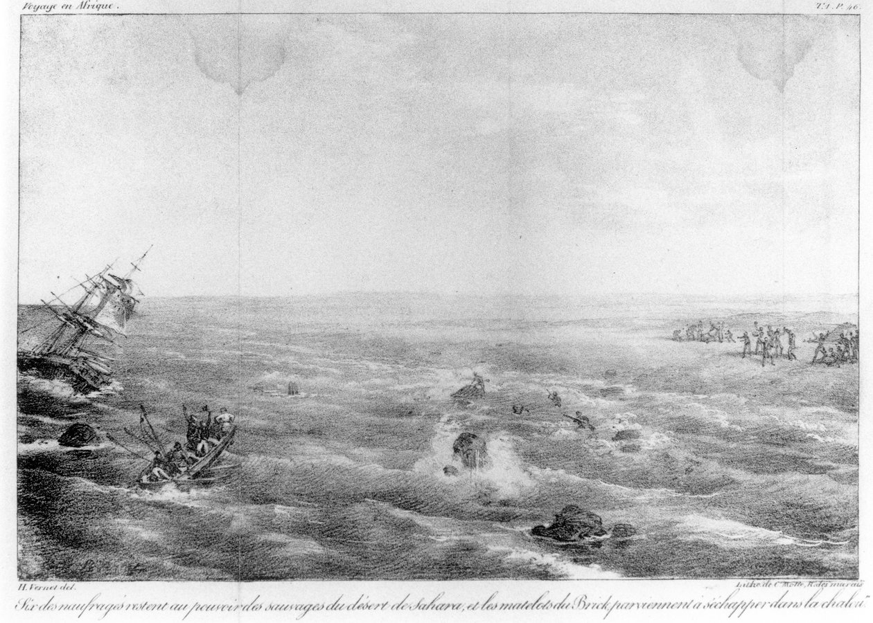 Sahra Sahili'nde 'Sophie'nin Batışı, Charles Cochelet tarafından 'Naufrage du brig francais La Sophie perd le 30 mai 1819 sur la cote ouest d'Afrique'nin ön yüzü, Motte tarafından oyulmuş, yayın by Emile Jean Horace Vernet