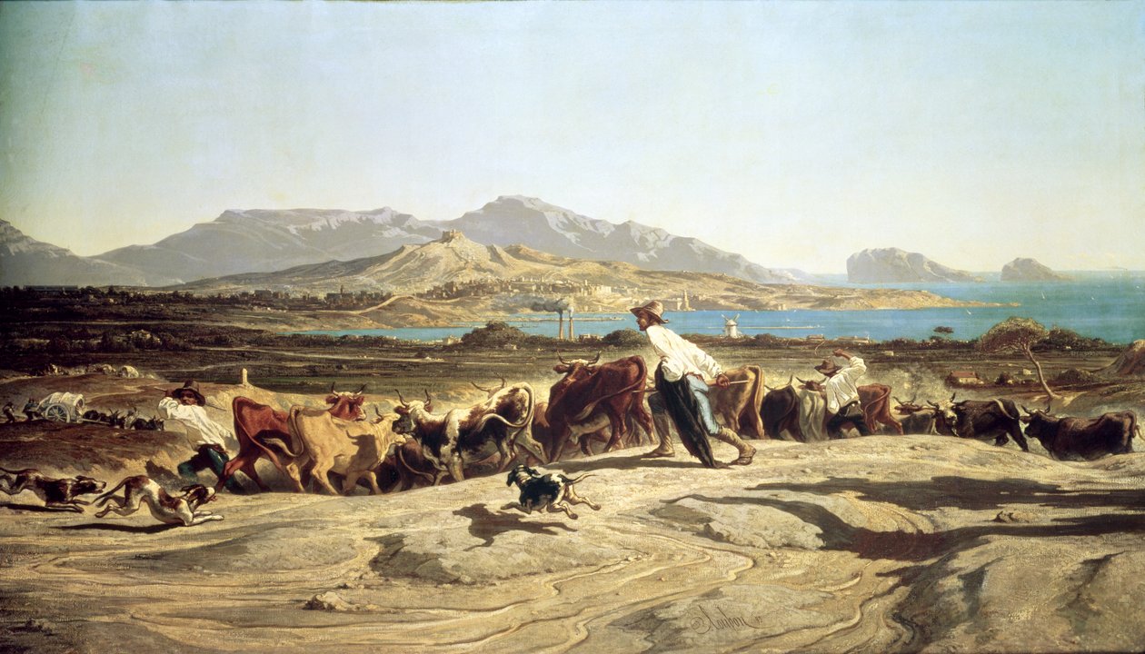 Marsilya yakınlarında sığır gütme, 1853 by Emile Loubon
