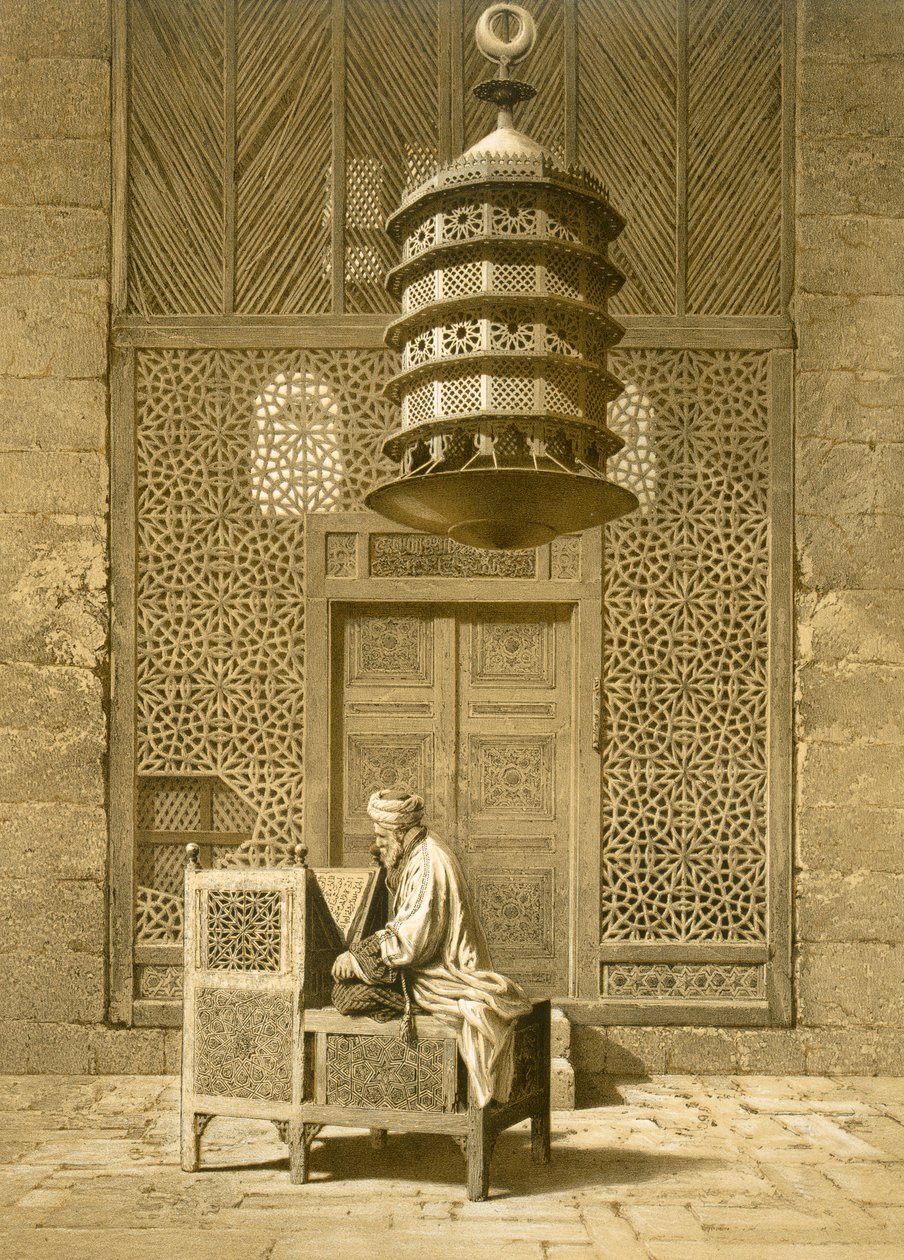 Kahire: Sultan Barquoq'un Cenazesi veya Sepuchral Camii, delinmiş bir ekranın önünde Kuran'ı okurken oturuyor c14., 19. yüzyıl (baskı) by Emile Prisse d