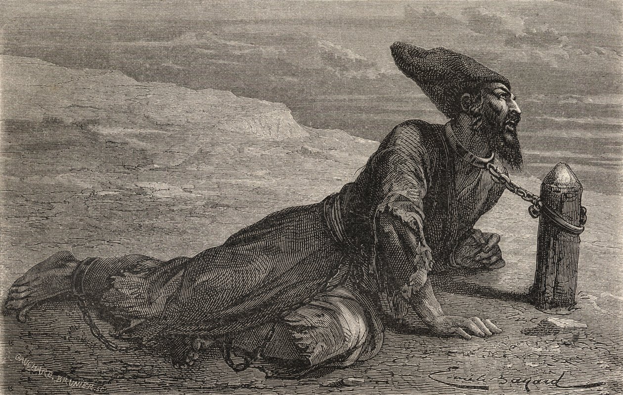 Türkiye'de esir tutulan bir İranlı köle, Gauchard-Brunier tarafından oyulmuş 'The World in the Hands'den illüstrasyon, 1878'de yayınlandı (gravür) by Emile Antoine (after) Bayard