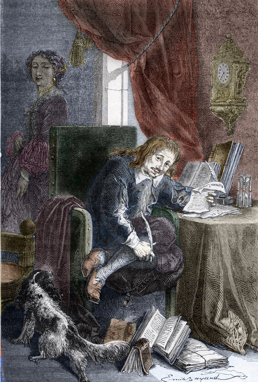 Burlesk komedi yazarı Fransız yazar Paul Scarron'un (1610-1660) portresi, hasta bir sandalyede temsil ediliyor, karısı Francoise d'Aubigne (Marquise de Maintenon oldu) (1635-1719) gölgede duruyor onun arkasında - Portresi by Emile Antoine (after) Bayard
