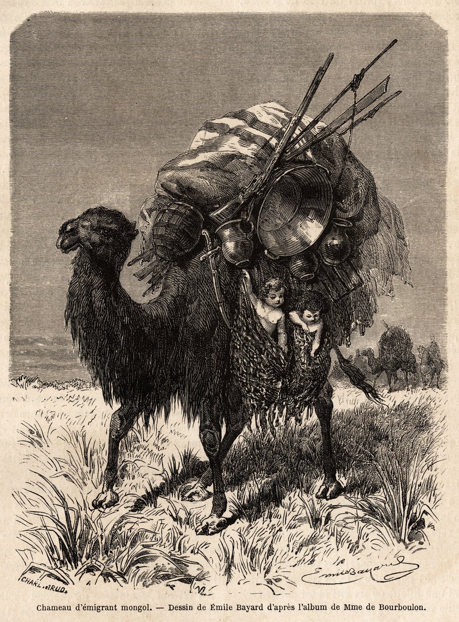 Bir Moğol göçmen devesi, erzak, çeşitli mutfak eşyaları, halılar, battaniyeler ve çadır çerçevesinin ahşapları ile sepetlerde asılı küçük çocuklar. Emile Bayard'ın (1837-1891), 1859'dan Şanghay'ın Moskova'ya yaptığı yolculuğu göstermek için by Emile Antoine Bayard