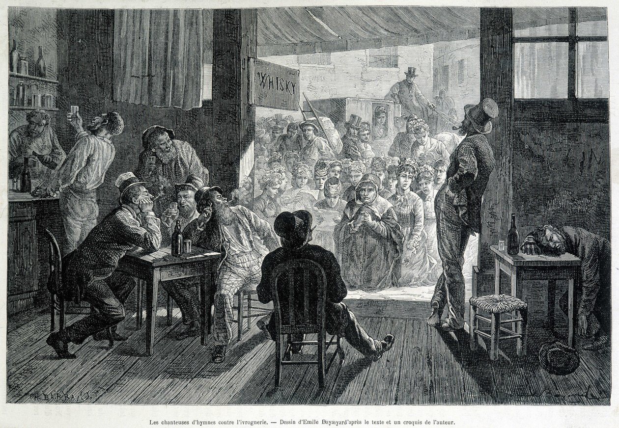 Bir barın önünde kadınlara yasak olan bir grup kadın, alkolizme karşı sarhoşlara ilahiler söylüyor. by Emile Antoine Bayard